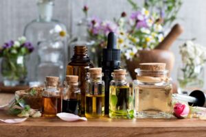 Essential oil bottles arranged on tabletop