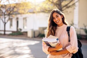 College student smiling and holding books. 